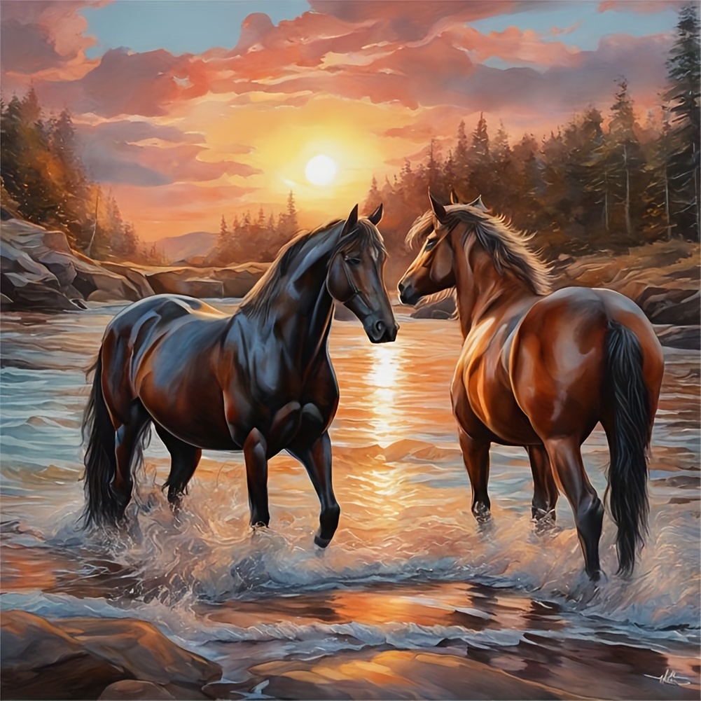 

5d Diy Diamond Painting Kit For Adults - Animal Theme Round Acrylic Diamond Art Kit With Full Drill Horse Scene For Wall Decor