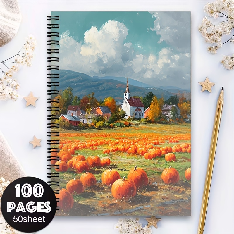 1   [2d] plat spiraalschrift, illustratie van herfstelijk pompoenveld landschap, a5 gelinieerd spiraalschrift, cadeau schrijfwaren voor lesnotities voor het   schooljaar, geschikt voor het   schooljaar, schriften voor studenten, benodigdheden voor studenten en kantoorgebruik - keuze