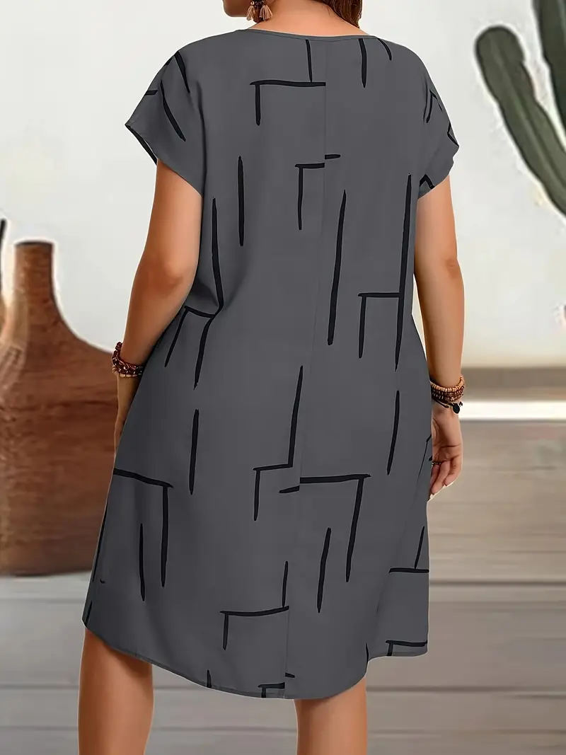 plus size womens casual striped bodycon dress knee length round neck machine washable summer dress with vertical stripes dark grey light contrast elegant special collection body fitting dress comfortable wear Product details 1