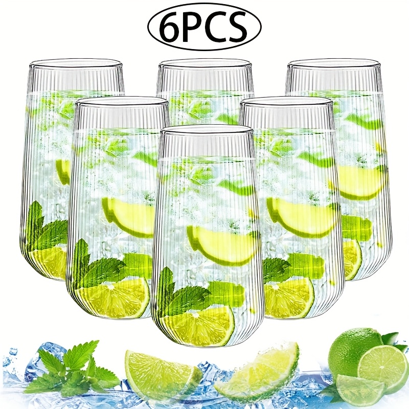 Image of 6pcs Striped Glass, Iced Cup, Household Glass Cup, Cup, Cold Drink Cup, Used For Juice, Iced Coffee, Tea, Smoothies, Coffee, Milk, Cocktails, Beverages, Drinking Utensils
