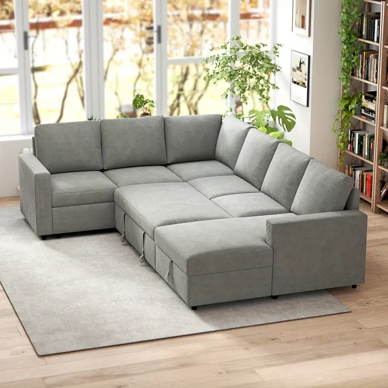 HOMCOM U-Shaped Sofa Bed with Pull-Out Sleeper