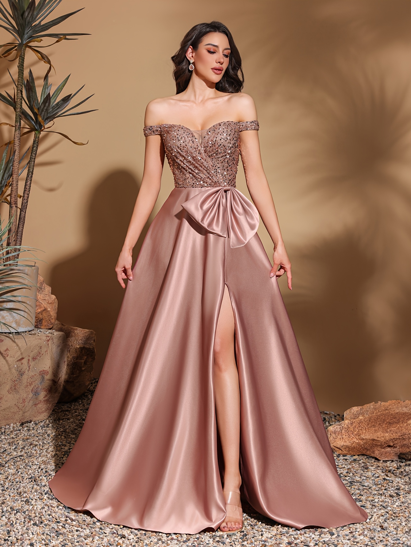 Elegant Off-Shoulder Satin Gown with Bow Accent Long, Flowing Party Dress  for Weddings and Formal Events, 2025 New Arrival Versa