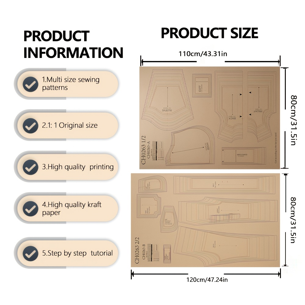 TEMU Hoodie & Cargo Pants Sewing Pattern Set, Clothing Pattern 1:1 Original Size Paper Template, High-definition Color Tutorial, Beginner-friendly
