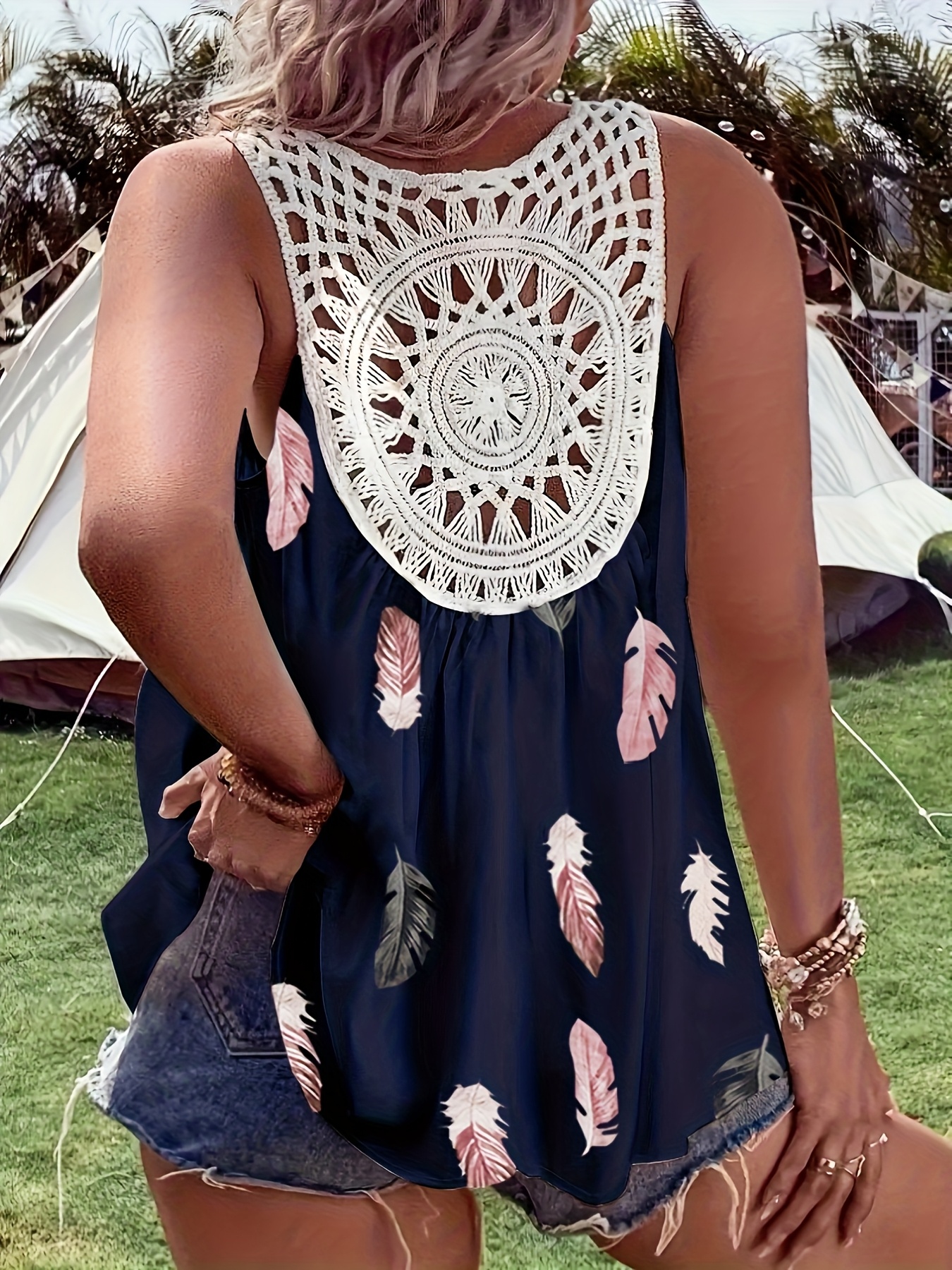 Elegant V-neck Sleeveless Vest, Woven Non-Stretch Fabric, Pattern, with Contrasting Lace Details, for Women, with Voluminous Floral and Ruffles