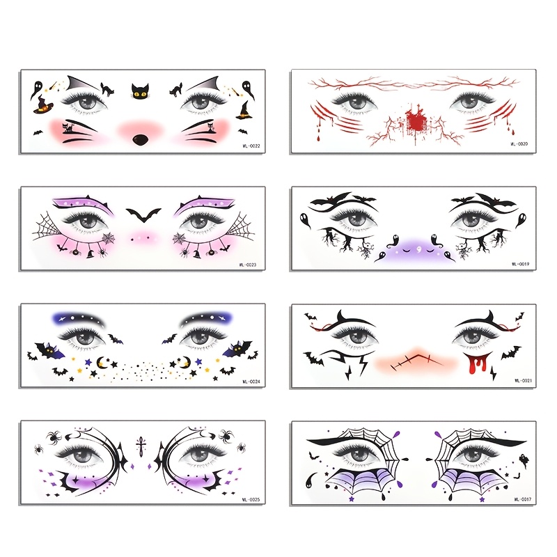 TEMU 8 Sheets Halloween Cat Bat Temporary Face Tattoo Stickers, Long-lasting Easy To Apply And, Self-adhesive Web Nose Blush Eye Border Decals For