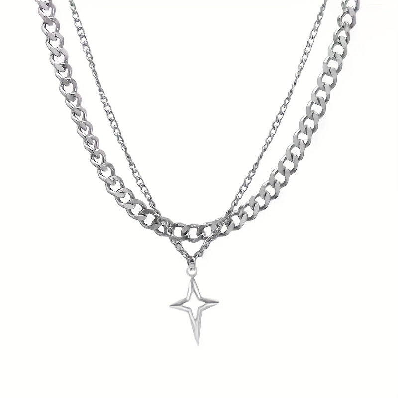 TEMU 2 Layer Link Double Necklace Cross & Minimalist Cold Style Trendy Hip Hop Multi Layer Necklace Niche Designer Fashionable & Versatile For Daily