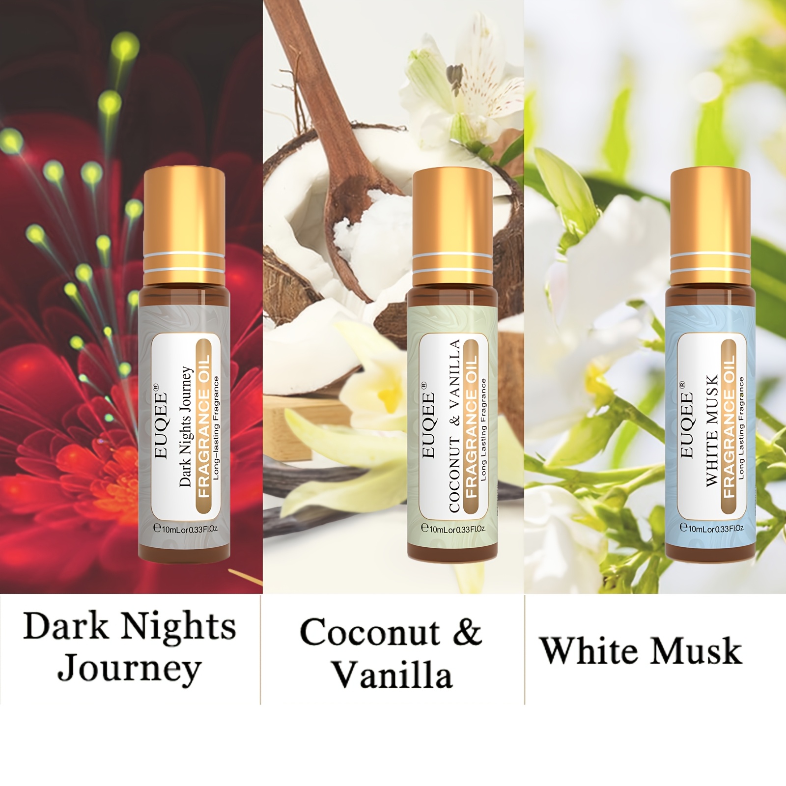 3pcs Of 10ml Roller Fragrance Oils-coconut And Vanilla// Journey, Multiple Fragrance For Air Humidifiers, Diffusers, Candle Making