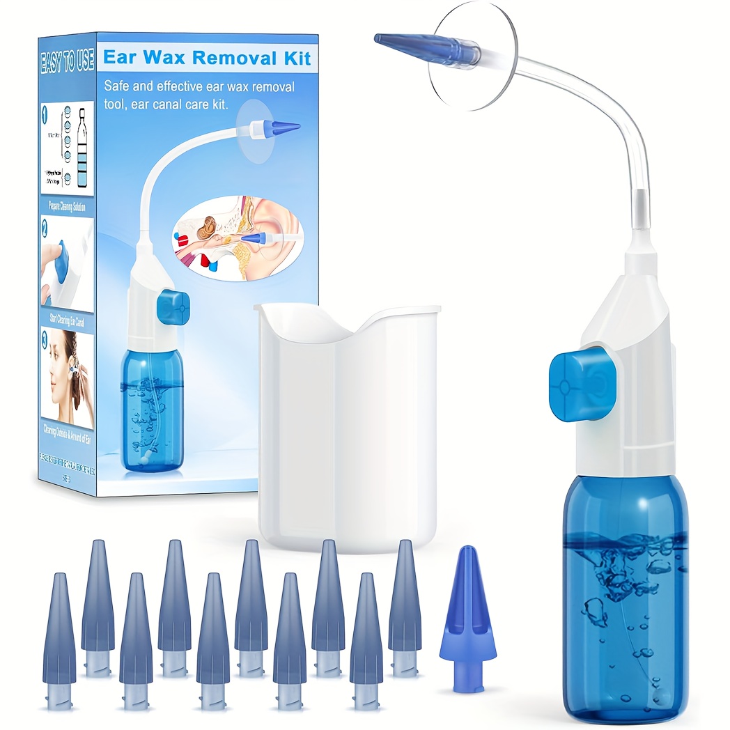 A Kit Containing Tools For Removing Ear Wax, Including An Ear Irrigation System Designed To Flush Out Blockages, Complete With A Washing Basin