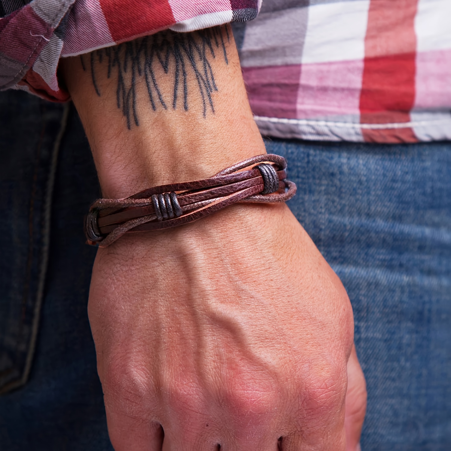 Image of Men's Genuine Leather Bracelet Braided Brown, Adjustable Length Bracelet, Father's Day Gift, Men's Gifts, Best Gift For Husband/father, 1pc