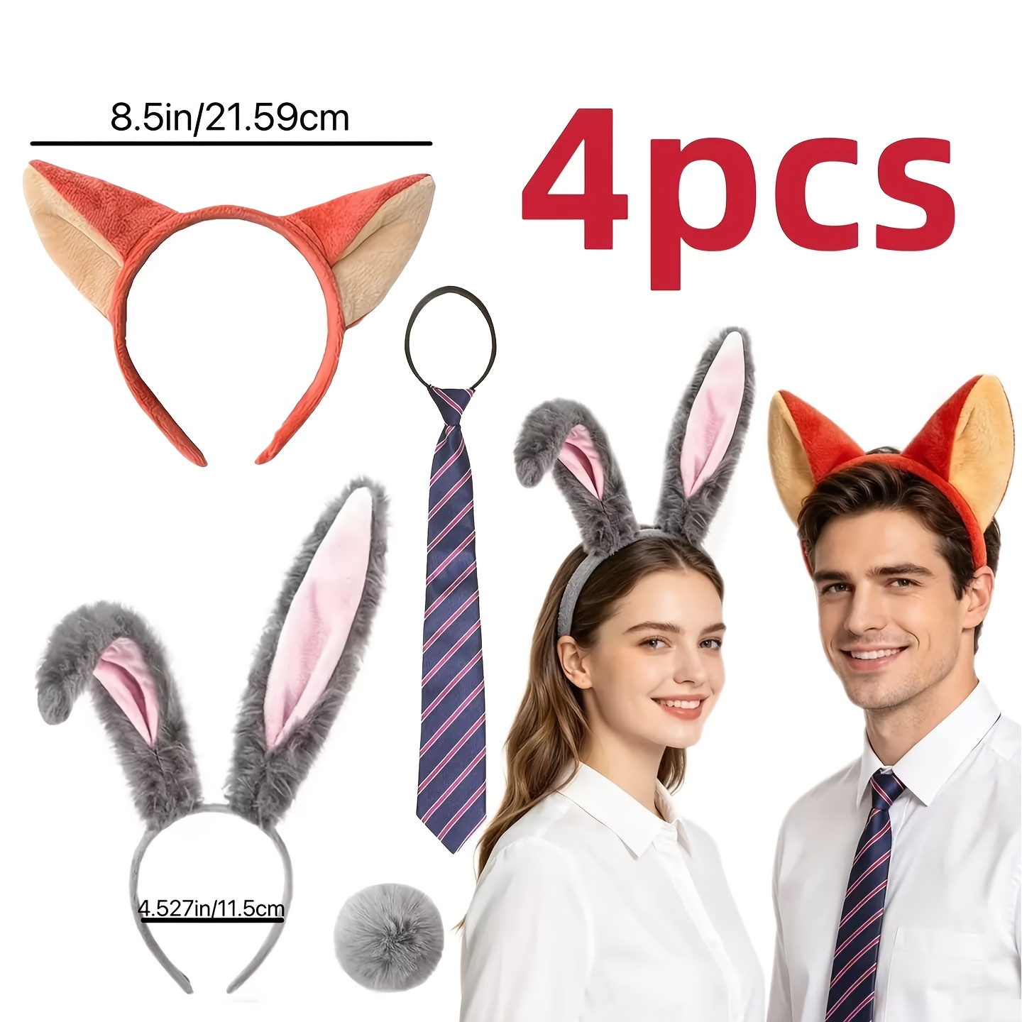 TEMU 4pcs Oreilles et queues de lapin gris, oreilles de renard, bandeau et nœud, convient aux ajouts de costumes d'Halloween pour femmes, hommes,