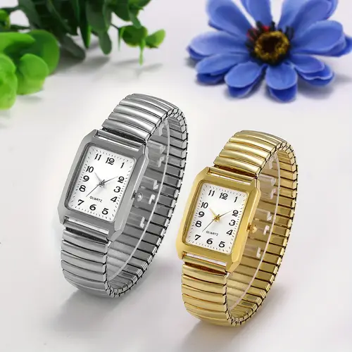 fashion simple womens elastic watch quartz wristwatch alloy stretch band large arabic scale dial clear and easy to read rectangular case mothers day birthday anniversary christmas gift
