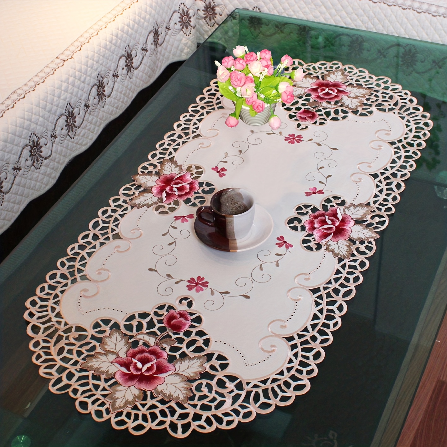 Image of 1pc Round Tablecloth - Beige Nordic Luxury Table Cover With Red Floral Embellishments & Cut-out Border, Elegant Polyester Fabric For Coffee Table, Dining Table, Wedding Decor, Fits Round Tables -