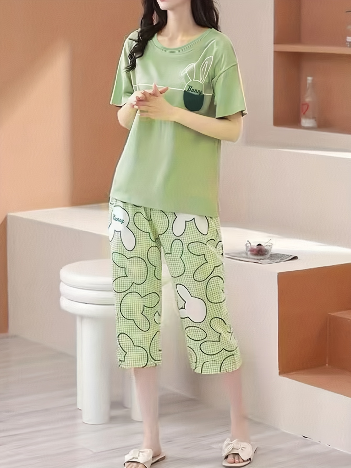 2pcs Spring/Summer New Short Sleeve Cute Loose Capri Pants Loungewear  Pajama Set