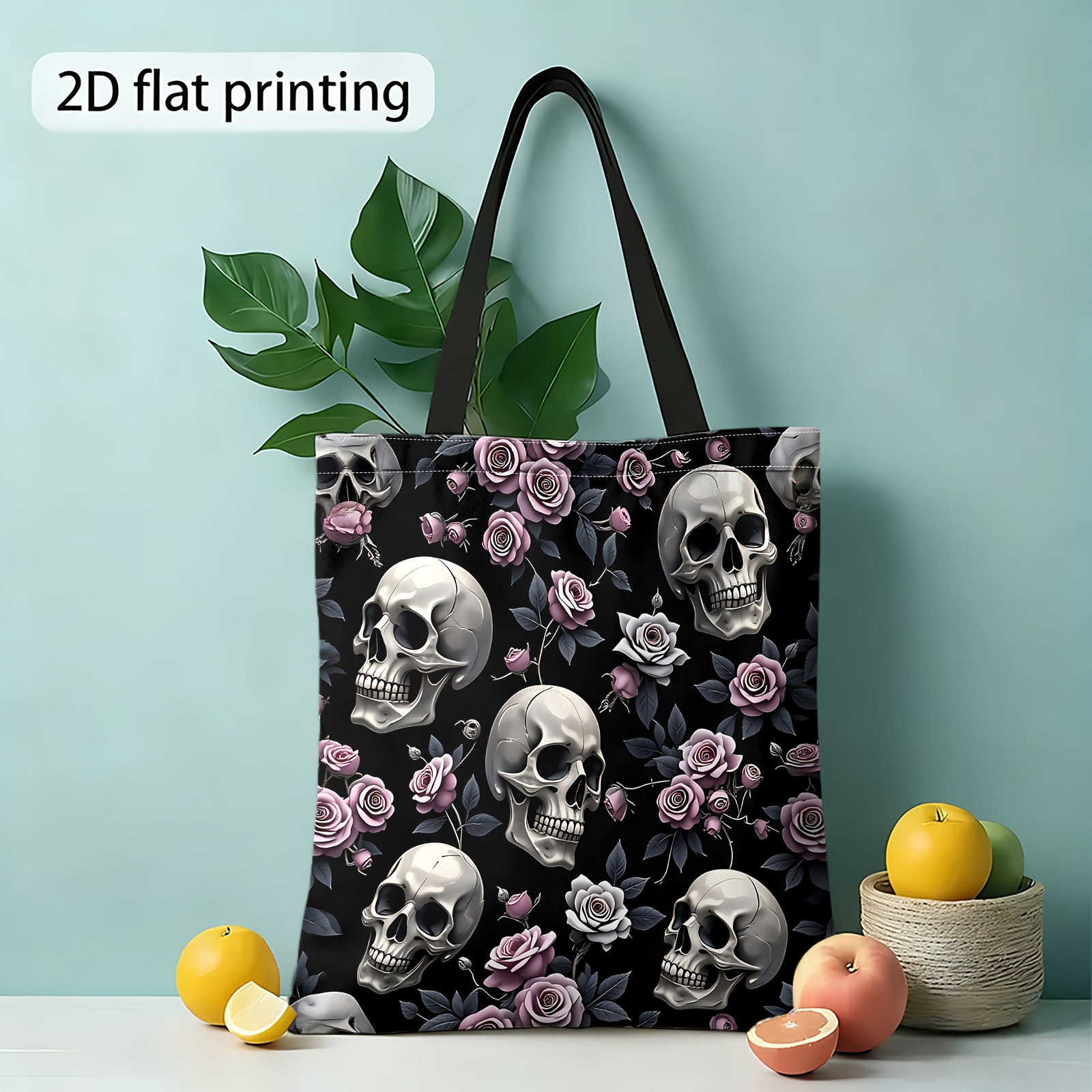 TEMU 1pc Reusable 2d Printed Tote Bag With Double-sided Skull , Women's Handbag And Handbag, Suitable For Daily Outing