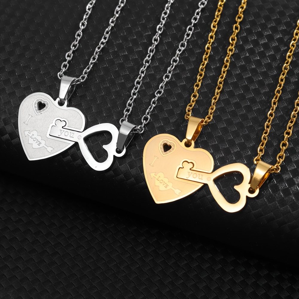 

2pc Fashionable And Creative Love Key Pendant Necklace With Heart Shaped Splice Stainless Steel Couple Chain, Birthday And Holiday Gift Jewelry