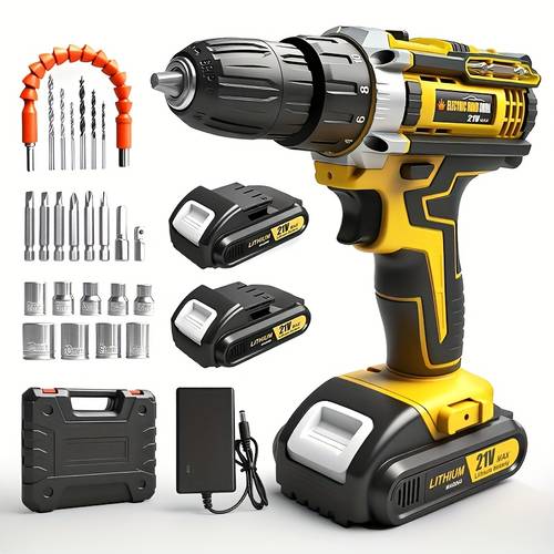 lithium ion cordless drill set battery and charger features a 3 8 inch keyless variable speed 16 position settings and 24 drill bits in red yellow blue ideal for tools and automotive repair