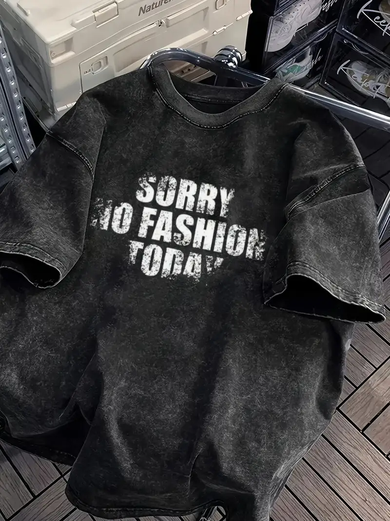 SORRY NO FASHION TODAY Letter Print Summer *'s Trendy Drop Shoulder Sleeve High-Quality Thickened Heavyweight Oversized Vintage Distressed Pure Cotton Washed Crew Neck T-Shirt SORRY NO FASHION TODAY Letter Print Summer *'s Trendy Drop Shoulder Sleeve High-Quality Thickened Heavyweight Oversized Vintage Distressed Pure Cotton Washed Crew Neck T-Shirt