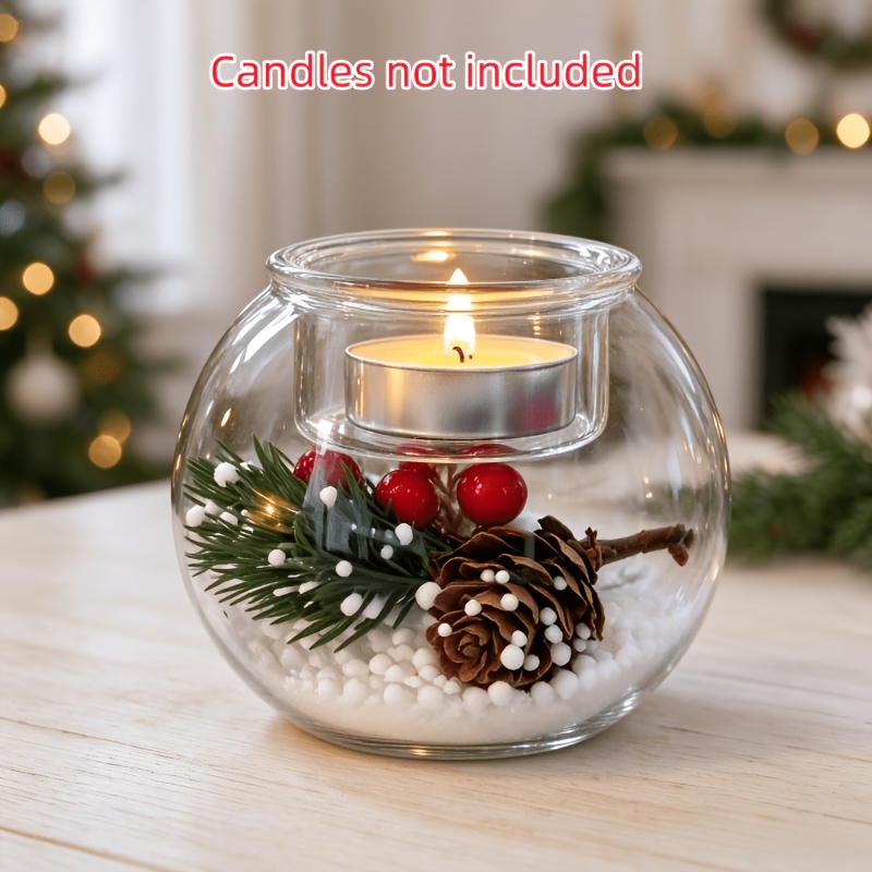 TEMU A Set Of Clear Glass Tealight Candle Holders With Red Berries And Pine Conesâsuitable For Christmas Decor And Gifts (candles Not Included)