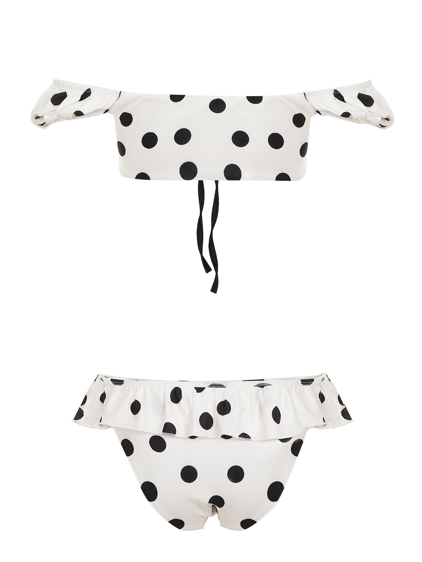 A Beach Vacation Outfit Featuring a Color-Blocked Polka Dot Bikini Set, with a Sexy Tie-Front Crop Top And Ruffled Shorts, Perfect for Seaside Holidays