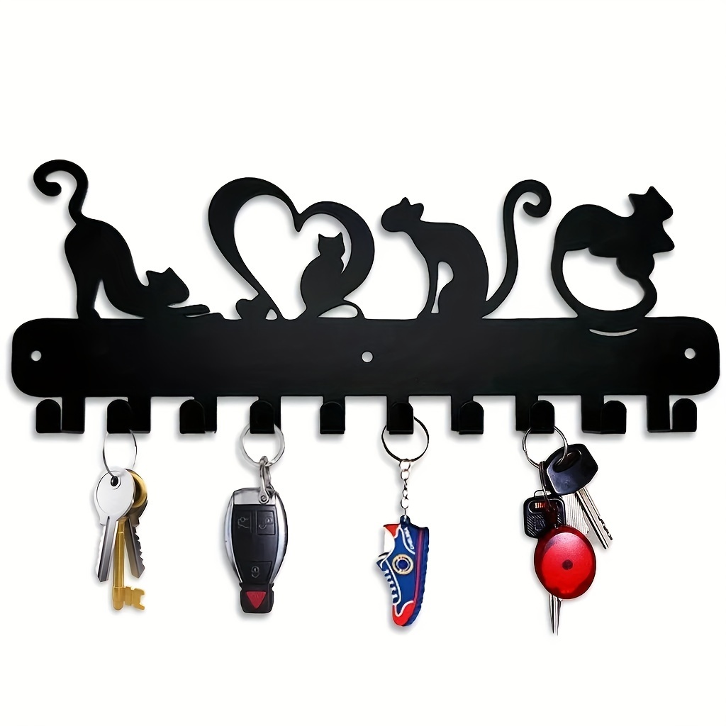 

Charming Love Cat Metal Key Holder - Wall-mounted Storage Rack With Hooks For Keys, Coats & More - Perfect For Bedroom Decor