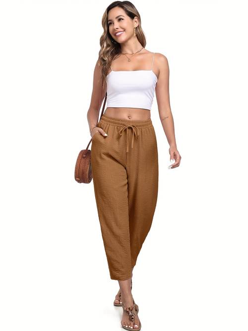 womens 2025 spring waisted loose drawstring shorts beige polyester casual sports pants with multiple pockets vacation and everyday wear casual summer wear drawstring waistband polyester fabric