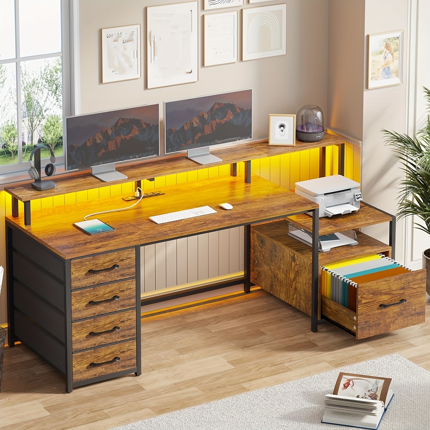 TEMU 67'' Computer Desk With 5 Drawers, Storage Shelves And Led Lights