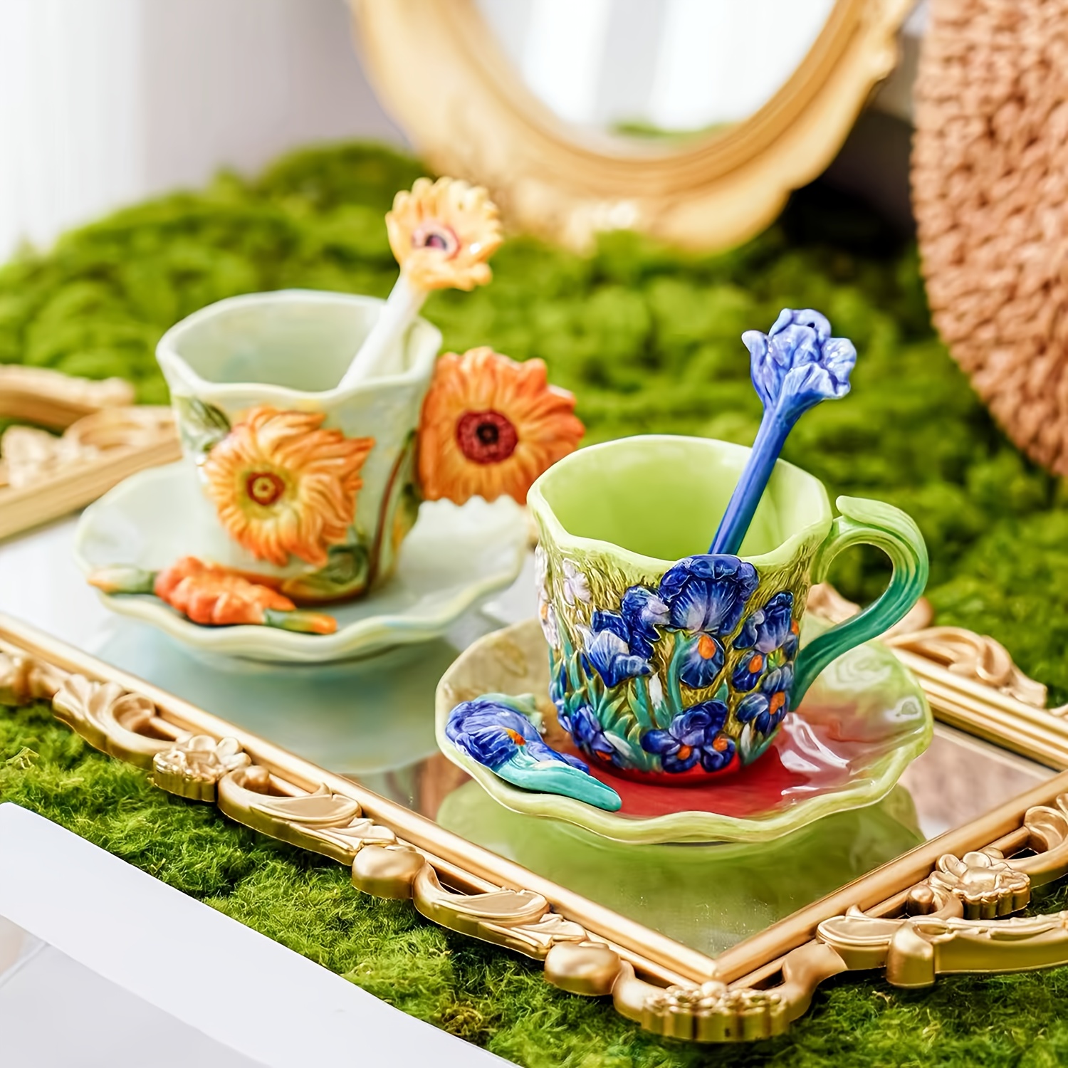 1set ceramic hand painted classic van   oil painting   cup and saucer set 1pc starry night sunflower   apricot tea cup 1pc wave round plate 1pc flower spoon   table decoration christmas valentines day mothers day gift capacity 180ml 6oz Product details 2