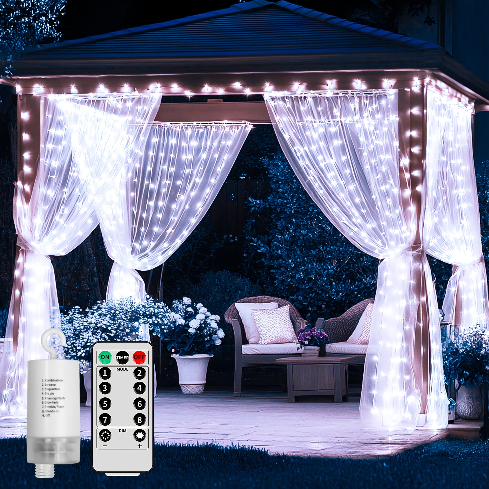 TEMU Upgraded 330led Curtain Lights Battery Powered Outdoor Ip65, 10ft X 10ft Flashing Hanging Waterfall Lights With Remote Control 8 Dimmable String Lights Fairy Lights For Bedroom Porch Gazebo