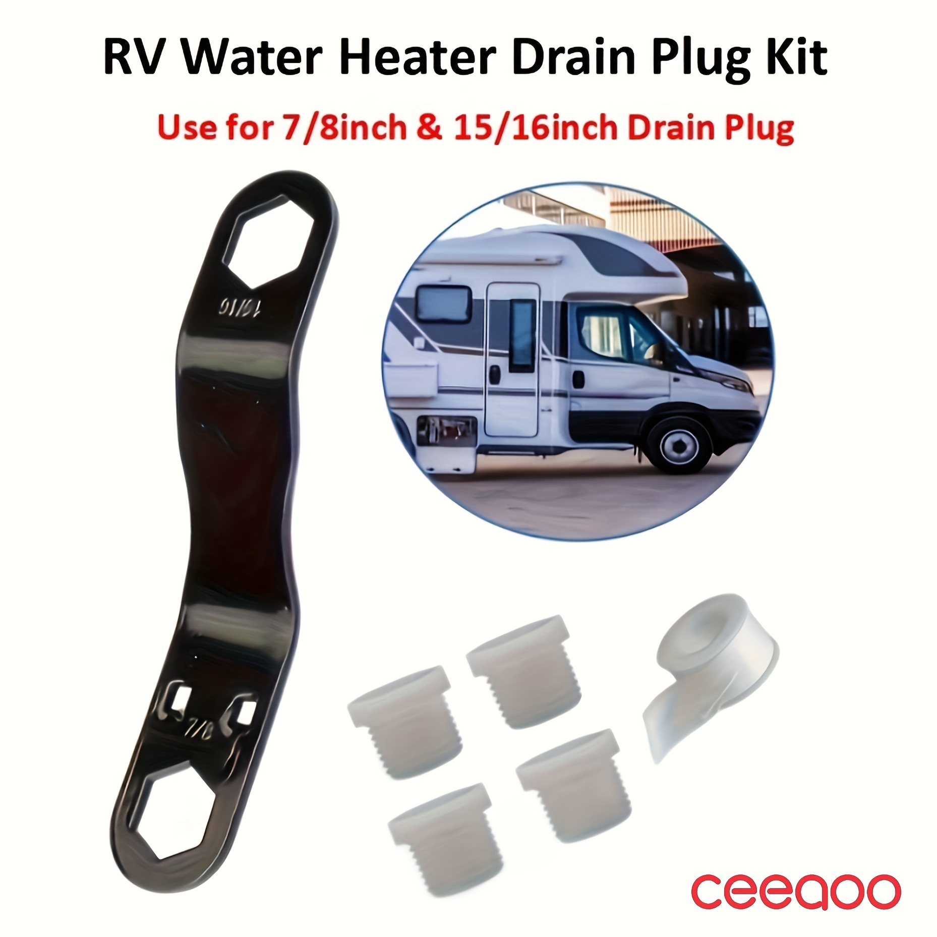 

1pc Ceeaoo Rv Water Heater Drain Plug Kit With Hex Wrench, 4 Replacement Plugs & Ptfe Tape Roll, Iron Material For Internal & Exterior Coverage, No Battery Required