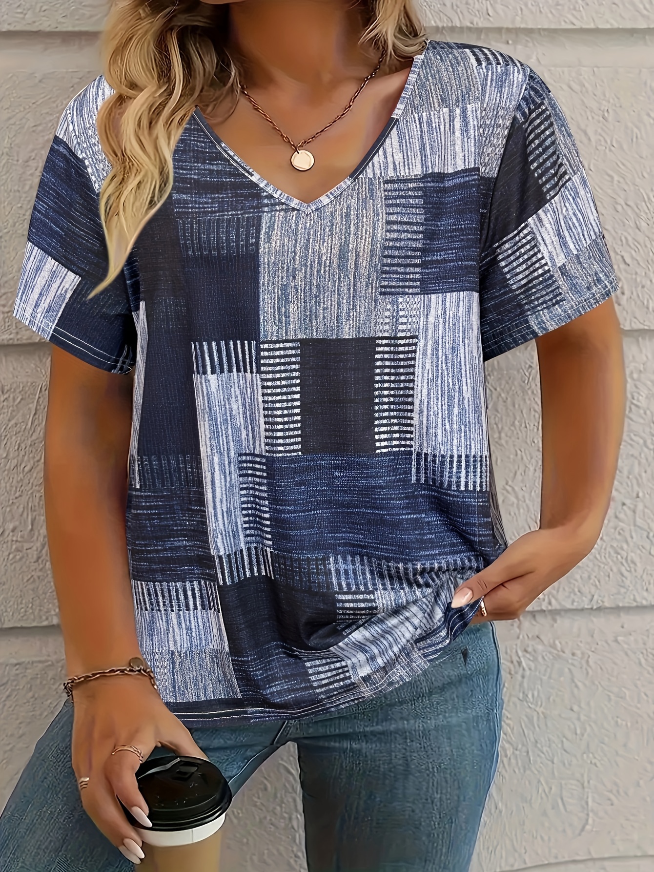 Plus Size, Plus Size Women's Casual V-Neck Short Sleeve T-Shirt - Stretchy Patchwork Print Top with Lime Green & Purple Geometric Design, Machine Washable for Spring Summer Fall, Seasonal Fashion, Nontransparent Fabric, Highelastic Material