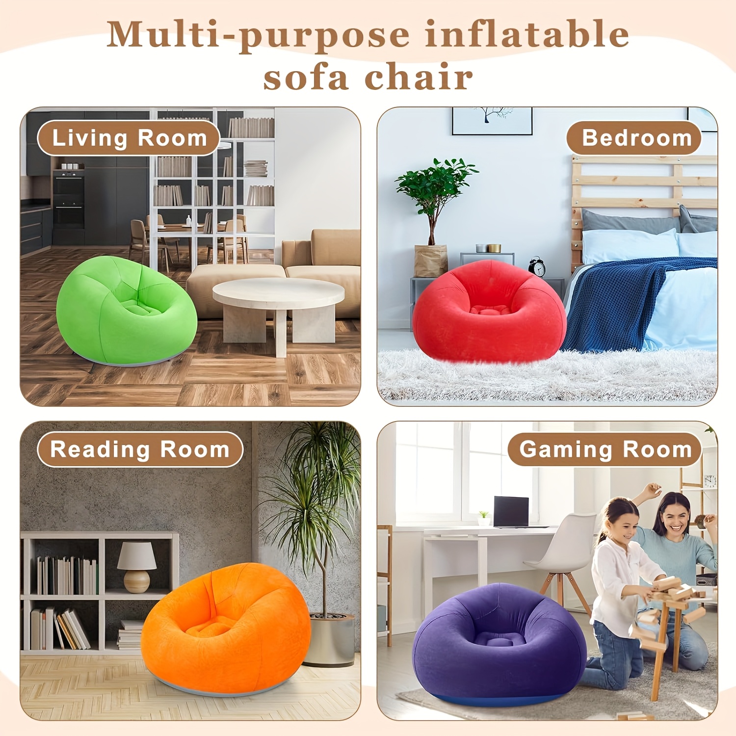 A Comfortable Inflatable Bean Bag Sofa in Various Colors, This Portable PVC Lounge Chair Features a Velvety Surface, Suitable for Living Rooms, Bedrooms, Balconies, Reading Rooms, And Various Outdoor Activities Like Camping, Picnics