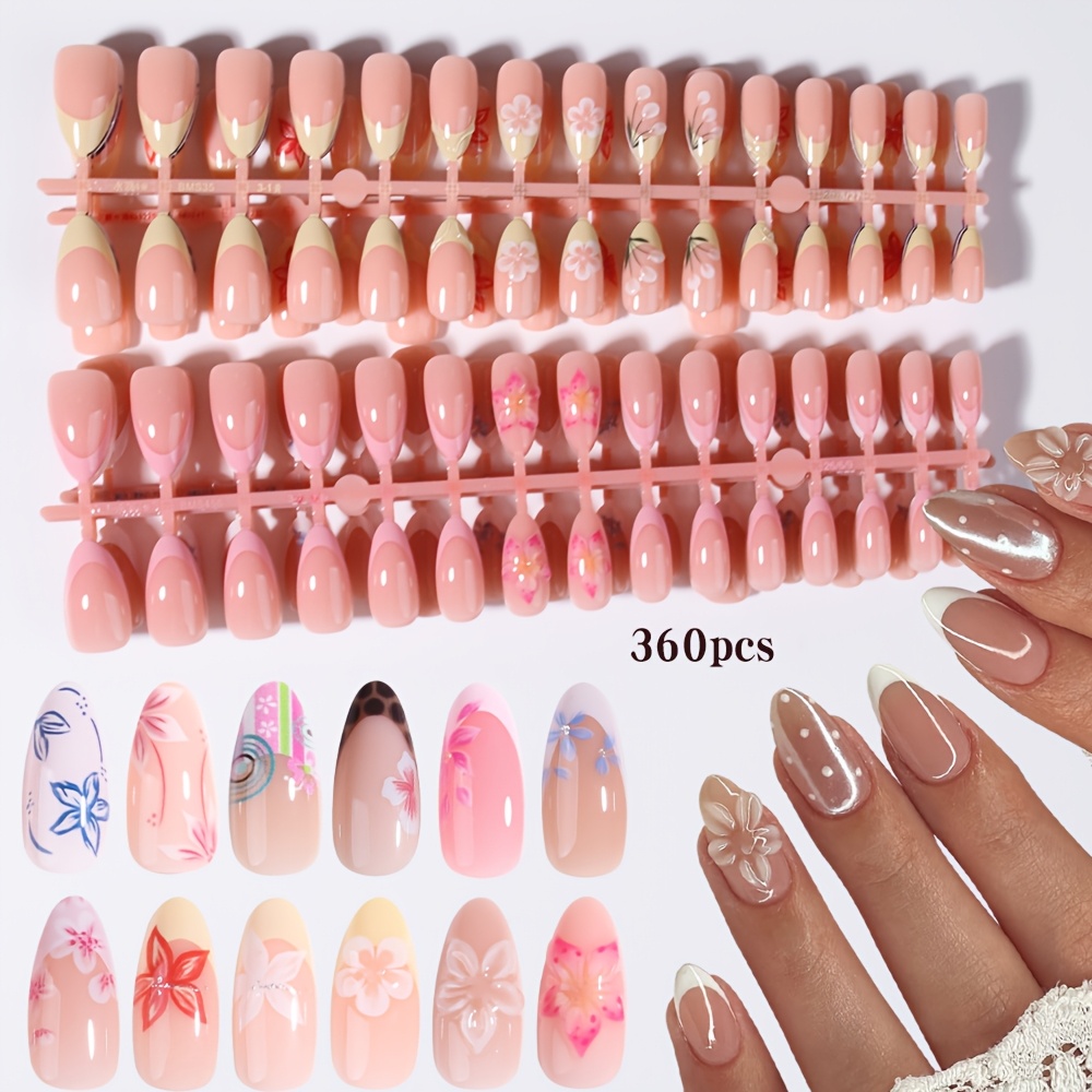 TEMU 360pcs Mixed Press-on Nails, 15 Styles Medium Oval Nude Base Nails With Floral Print Patterns, Gentle Reusable Artificial Nail Sets, Ornaments