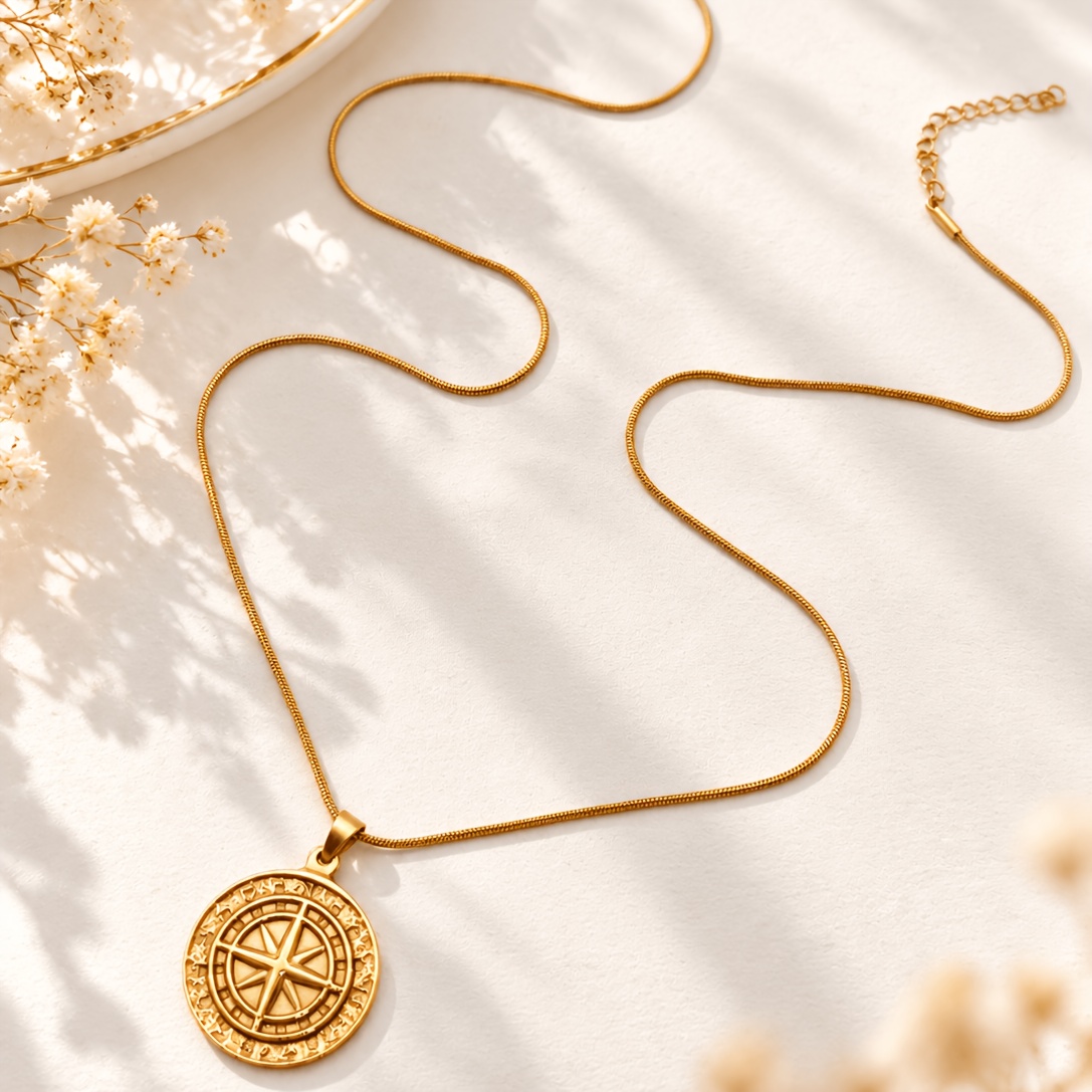 Women's Retro Compass Round Relief Pendant Necklace