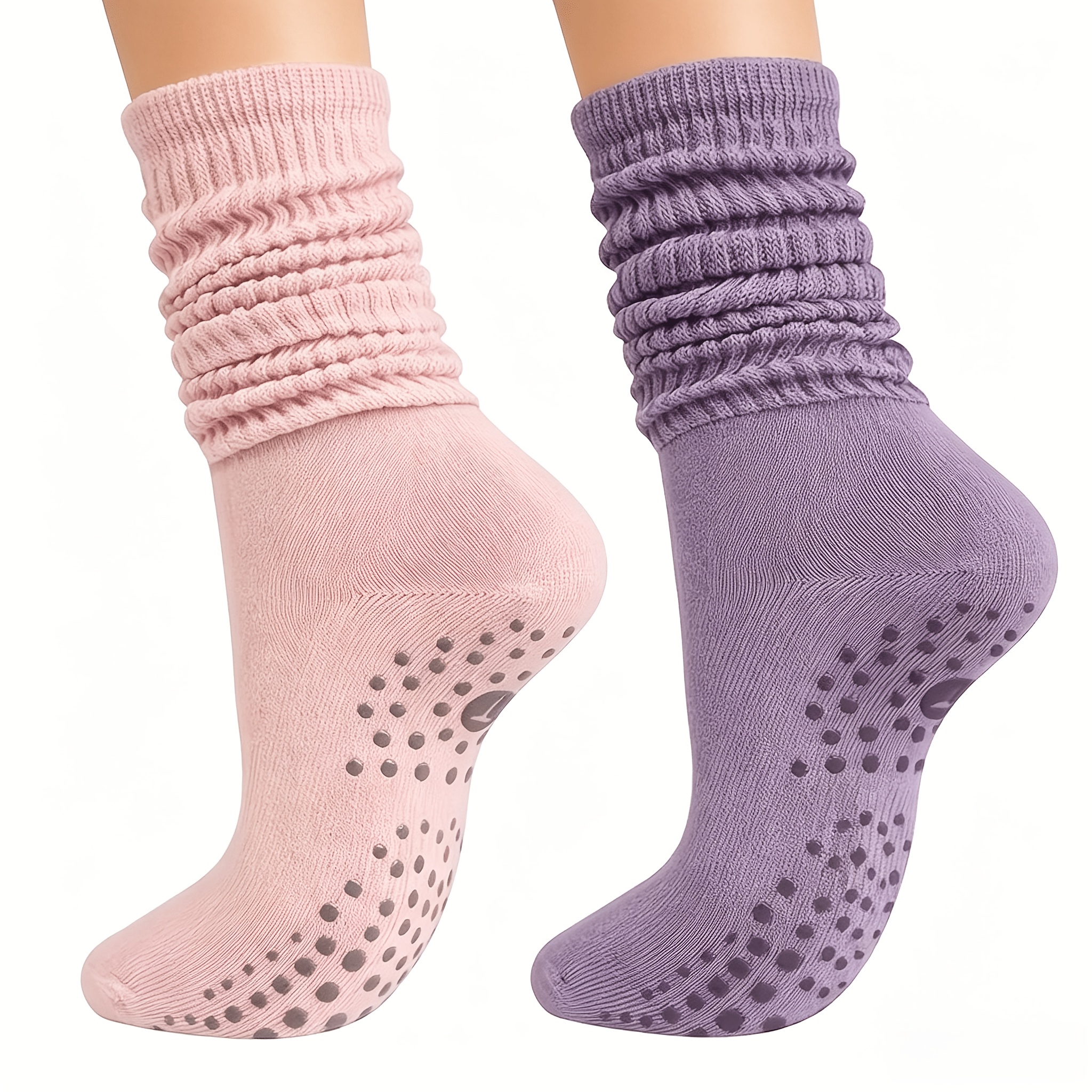 TEMU 2 Paires de Chaussettes Longues Couleur Unie , Chaussettes de Sport Pilates Fitness Yoga Couleur Vif, Bas Anti-Dérapant, Activité Intérieure,