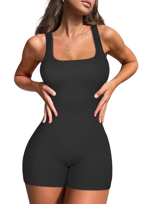 1pc womens workout romper yoga ribbed square neck 1pc seamless tank top jumpsuit