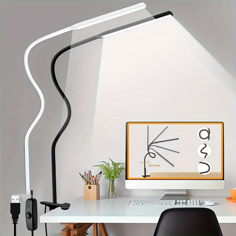 

1pc Led Desk Lamp With Clamp And Flexible Gooseneck, Eye-care Task Lighting For Home/office, 360° Adjustable, Usb Powered With Power Plug Included