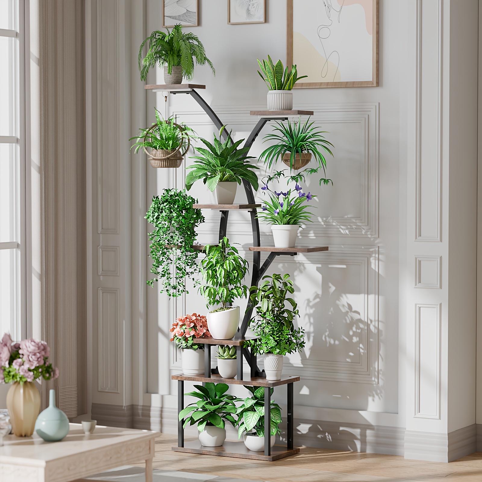 TEMU 1pc Indoor Plant Stand With Grow Lights, 7-tier Corner Indoor Display Stand, 64.8" Multi-functional Metal Shelf For Plants , Curved-shaped Shelf