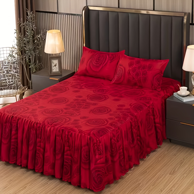 TEMU 3pcs (1 Bed Skirt + 2 Pillowcases) Double-layer Skirt Hem, Plant And Flower Pattern Bed Skirt, Dust-proof With Hem, Bed Sheet, Bed Cover,
