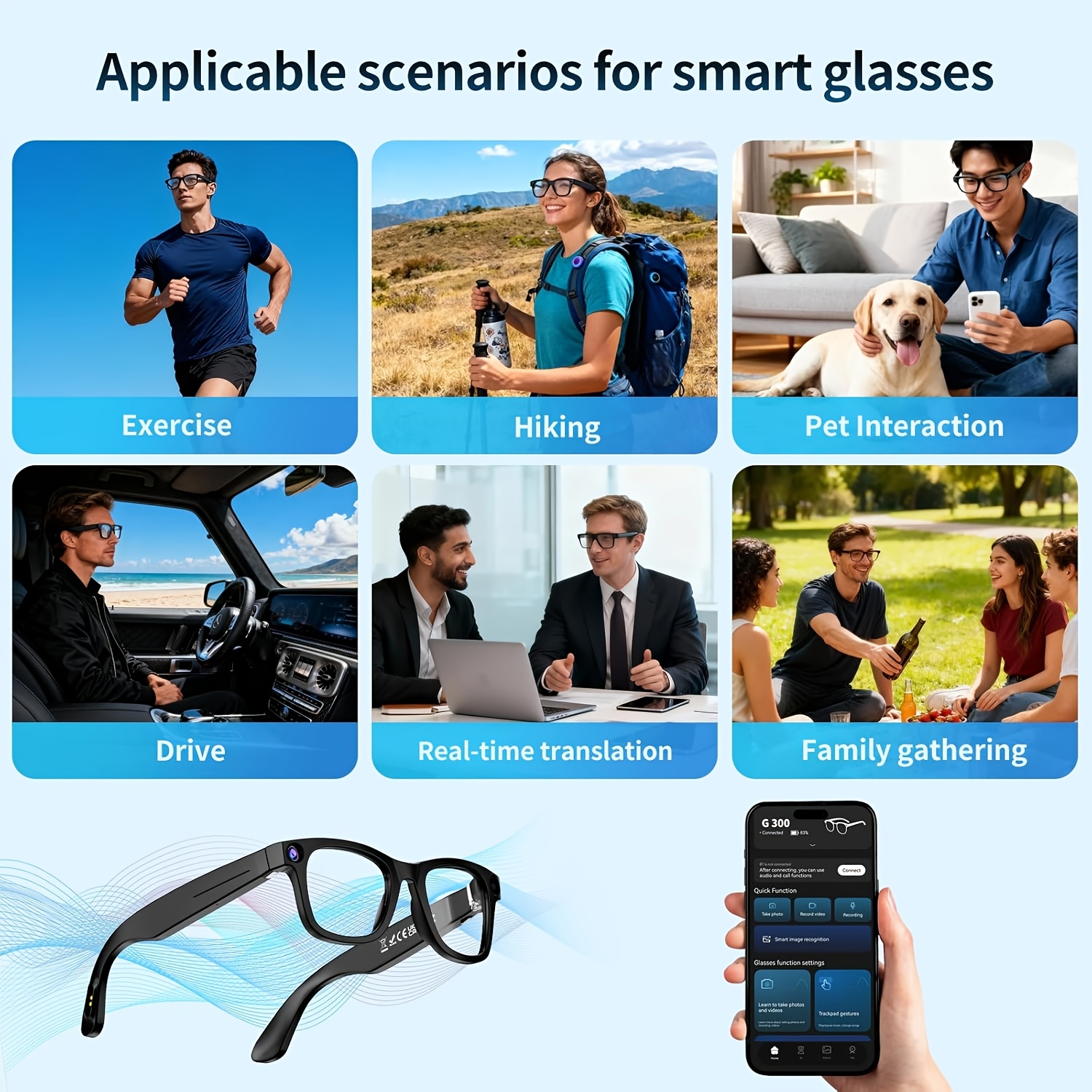 gafas inteligentes, gafas con cámara, traducción   real,   de  , auriculares abiertos y grabación de video, ideales para deportes, ciclistas y  , regalo para navidad 7