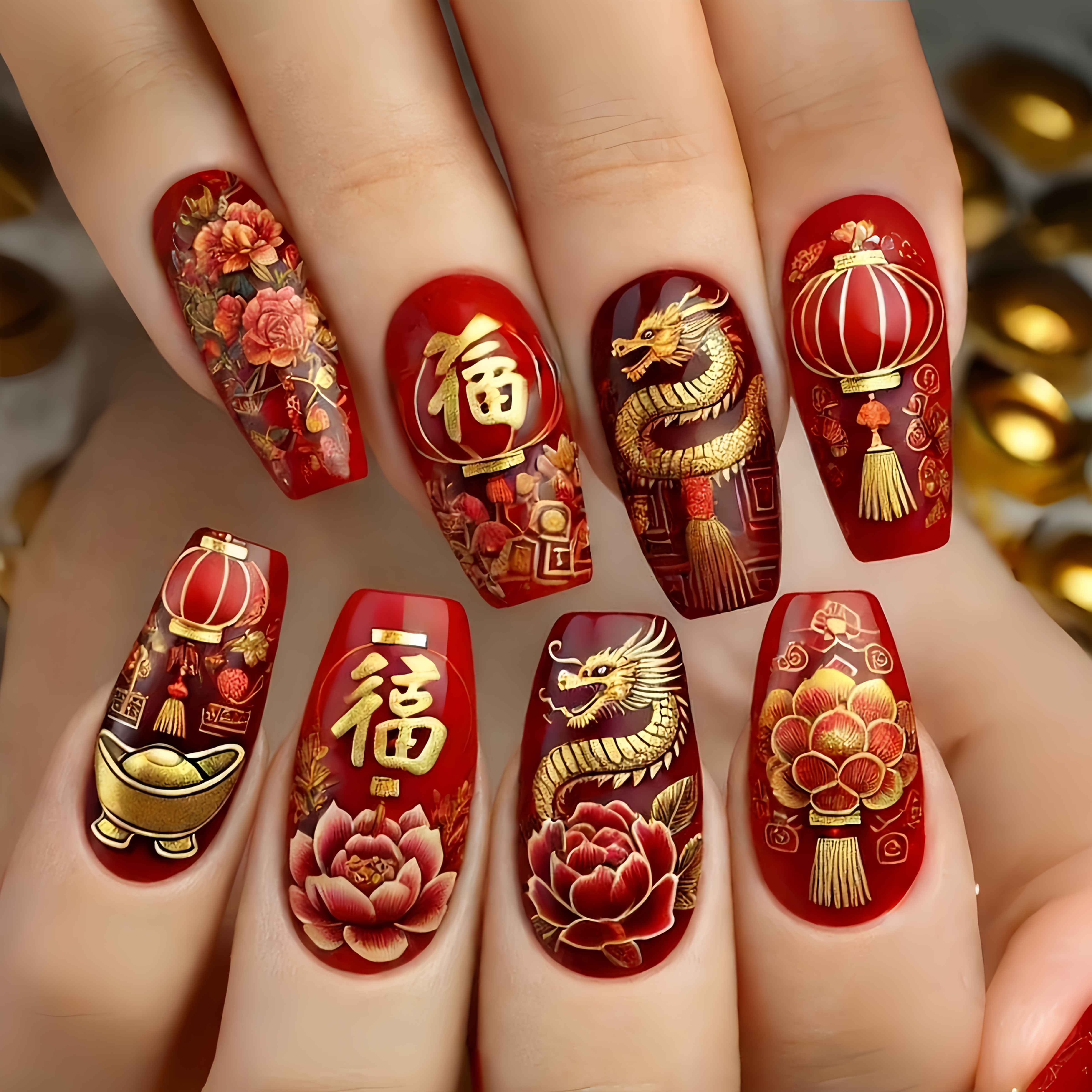 TEMU 24pcs New Year Dragon And Phoenix Design, Prosperous Wealth, Stars Shining , Detachable Nails For Festive , Holiday Nails, Chinese Style Nails,