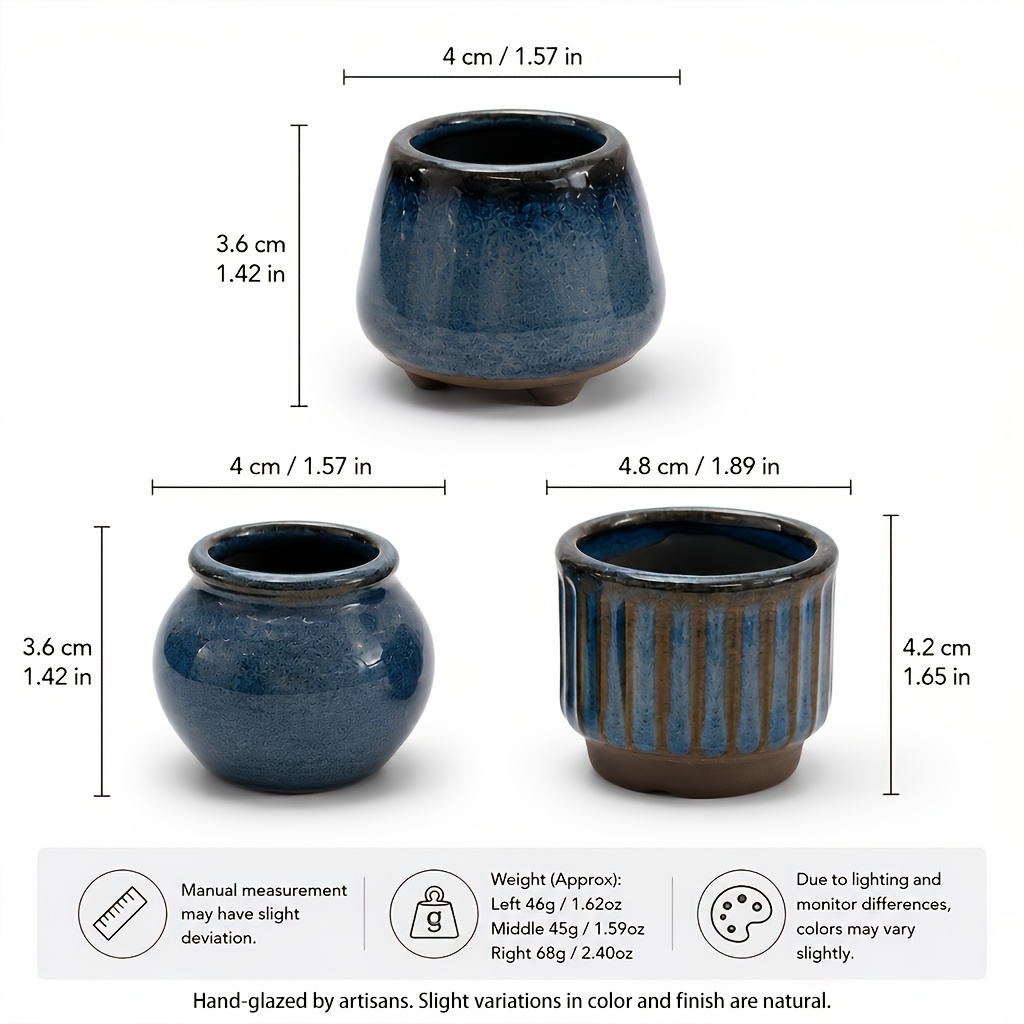 TEMU Ensemble de 3 mini pots de fleurs en céramique violet, mini vases de poterie rétro bleu , ornements artistiques pour bureau et étagère, convient