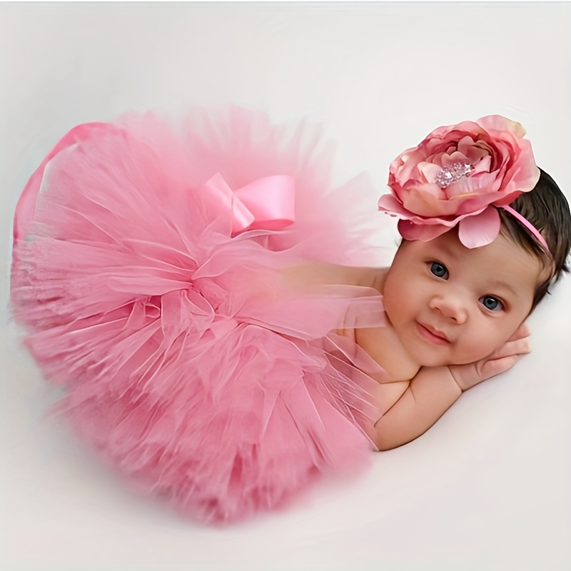 TEMU 1set Girl's Skirt And Headband Set - Fluffy Tulle Photo Prop Outfit With Hairband - Nylon Infant For Birthday, , And