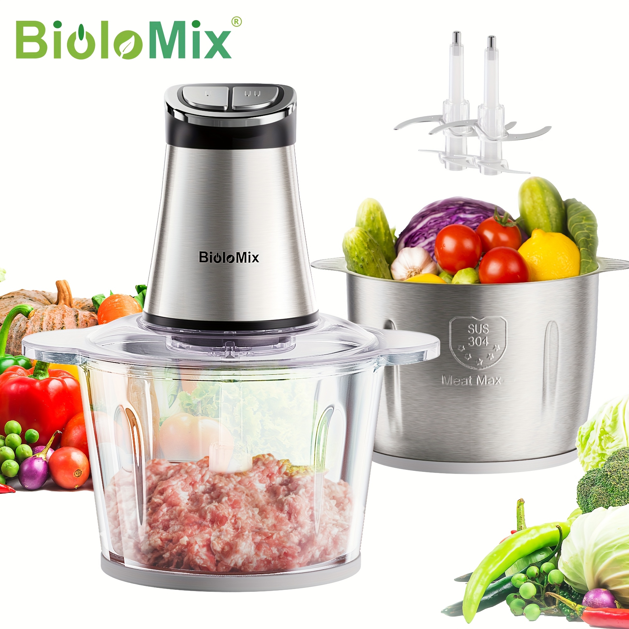 Image of Biolomix Meat Grinder Food Chopper - 2 For All Foods, 3l Large Capacity, 304 Glass Bowls & Stainless Steel, Led Timer Display, Eu Plug