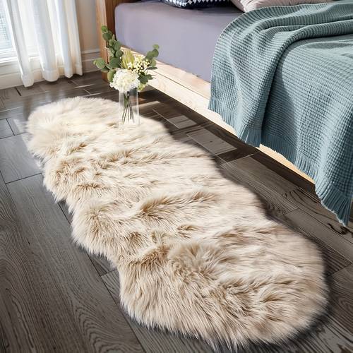 luxurious cream colored faux fur mat ultra soft plush sheepskin mat machine washable irregular shape bedroom living room decor cozy fluffy home accent living room rugs large size