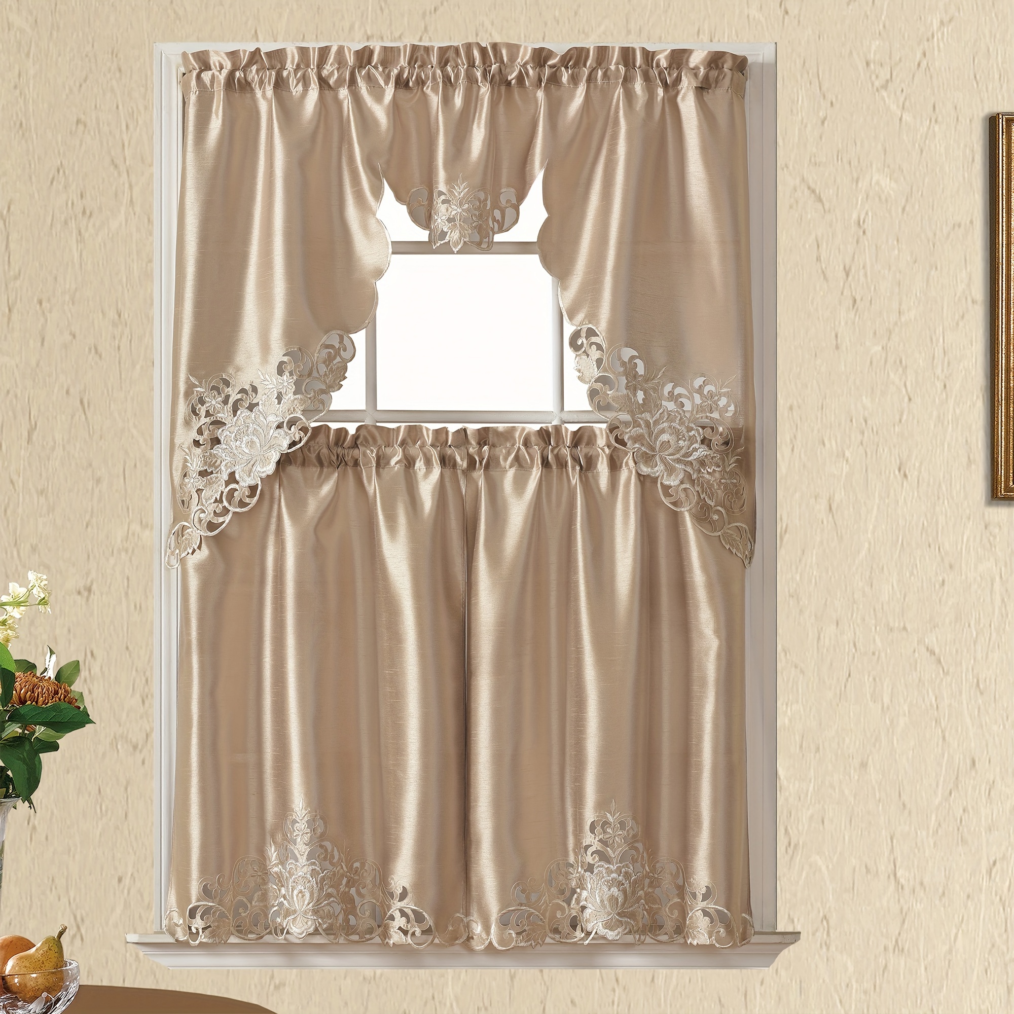 TEMU Three-piece Small Curtains, Kitchen Curtains, Coffee Curtains, Traditional Embroidered Floral Kitchen Curtains, , Curtains For Home Decoration