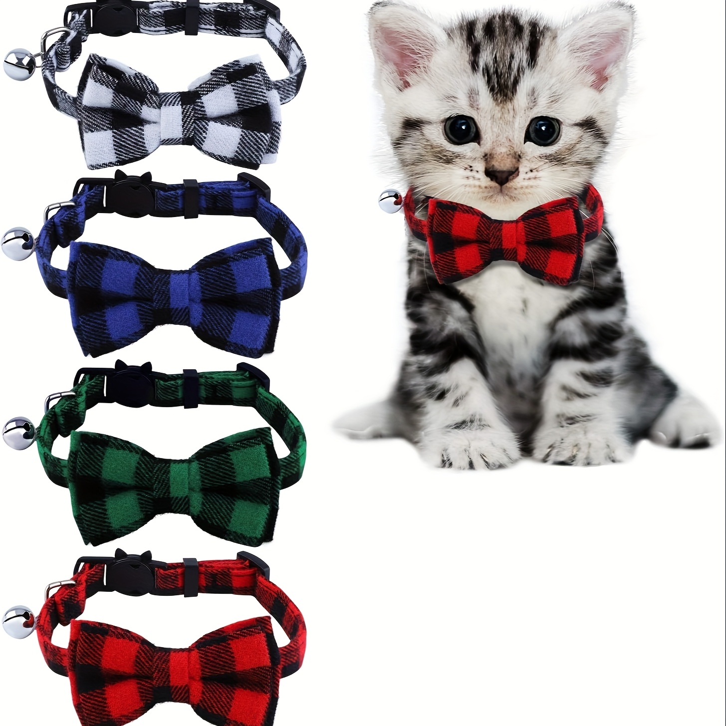 TEMU 4pcs Detachable Cat Collars With Bells And Bow - Adjustable 7.5-12 Inch Polyester Pet Collar For Kittens And Small Dogs, Secure Release ,