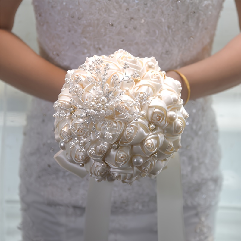 Künstlicher Brautstrauß Aus Rosen – Mit Perlen & Strass, Ca. 21 Cm Durchmesser, Inkl. Corsage