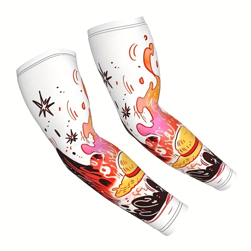 TEMU Men's Anime Cartoon Print Compression Arm Sleeves - Vibrant Design With Stars, Planets & Space Elements, Breathable Polyester Fabric For Sports,