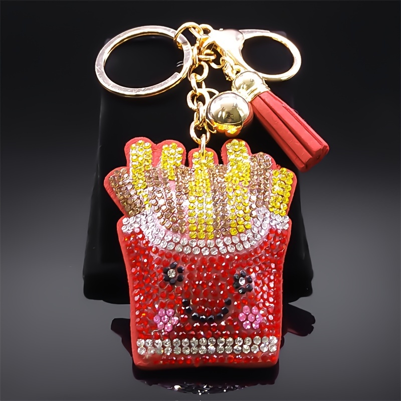 

Chic French Fry Keychain With Sparkling Rhinestones & - Golden-tone Fast Food Charm For Bags, Backpacks & Car Keys