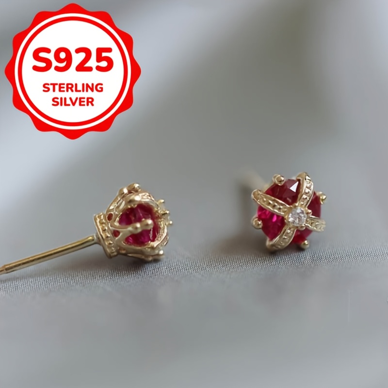 

Boucles d'oreilles de luxe en argent 925 avec couronne tridimensionnelle et croix à six griffes pour femmes, cadeau de fiançailles rond rouge, bijoux